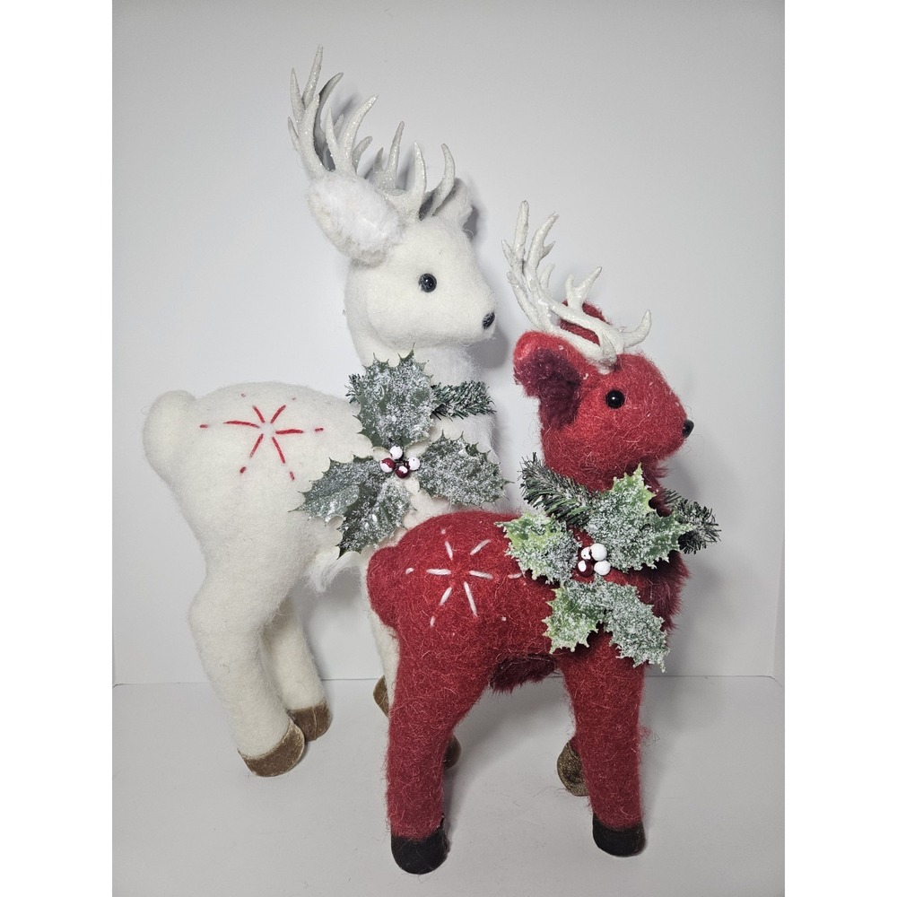 Felted Reindeer Christmas Decor White Red Flocked Antler Holly Set of 2 19" 15"